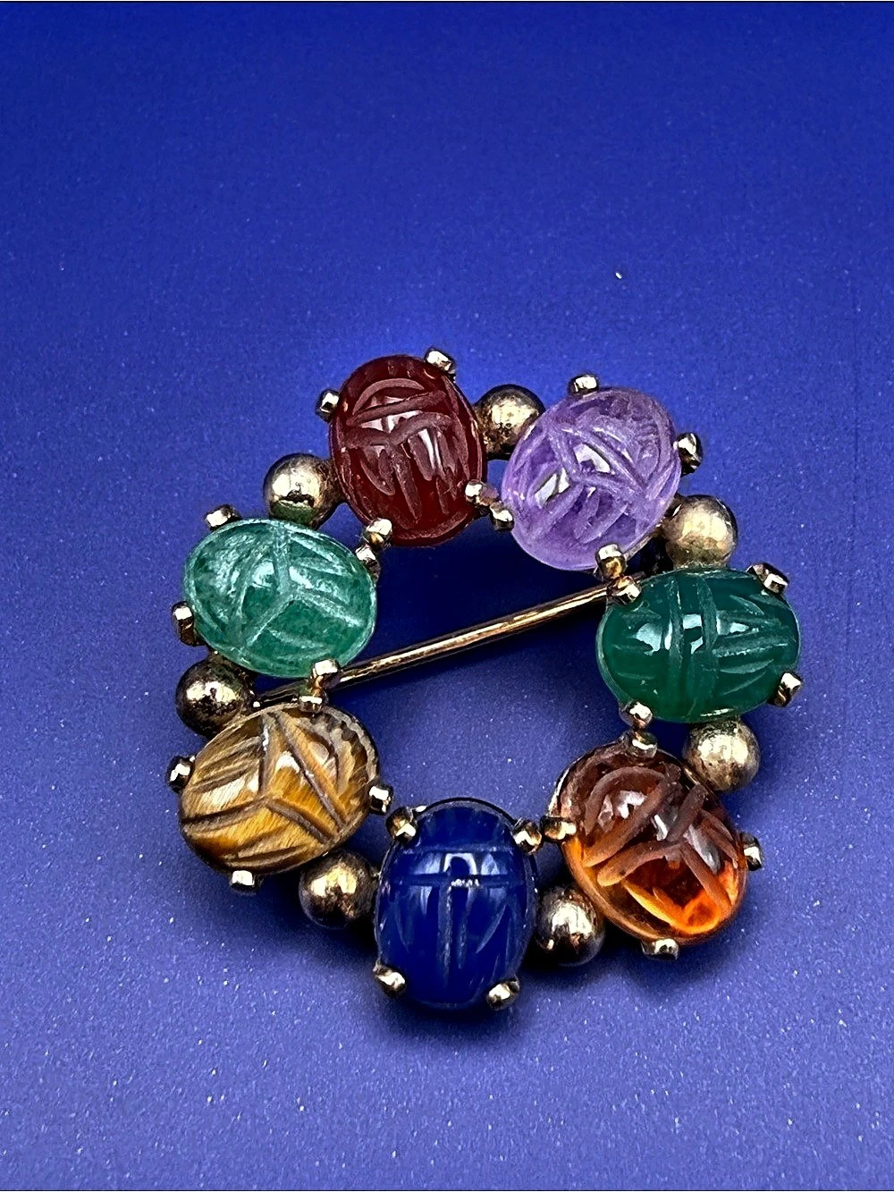 Vintage Binder Bros 12K Gold Filled Carved Gemstone Scarab Beetle Brooch Pin